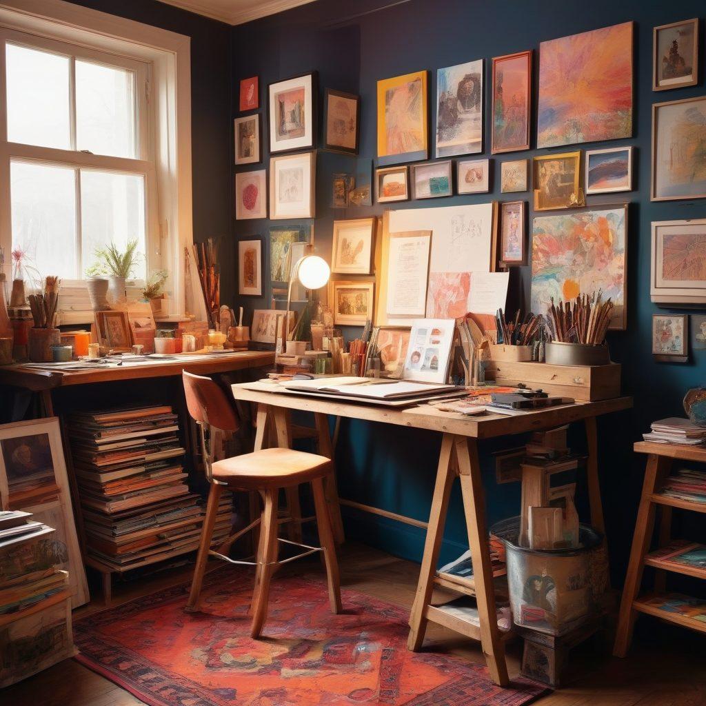 A visually striking depiction of an artist's workspace, filled with colorful sketches and paintings inspired by the world of adult filmography. Incorporate easels, vibrant colors, and art supplies alongside subtle references to the film industry, like a film reel or clapperboard artfully integrated into the scene. The background should suggest a lively, creative atmosphere with soft lighting to evoke inspiration. surrealistic style. vibrant colors. intimate and inviting ambiance.
