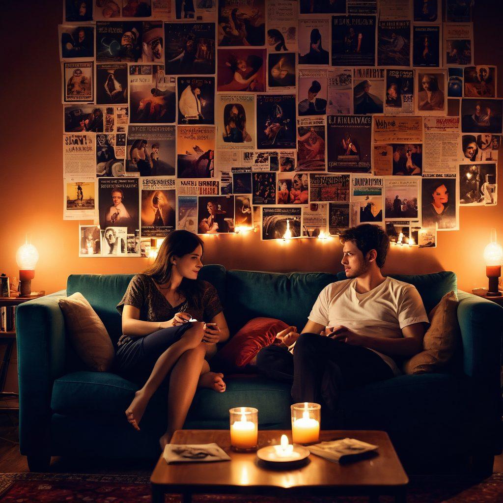A cozy, dimly lit room with two people sitting on a plush couch, engaging in a deep conversation, surrounded by soft lighting and artistic posters of classic adult films. The atmosphere should convey warmth and intimacy, with whimsical elements like candles and a glass of wine on a small table. Include an artistic touch with abstract shapes representing emotions in the background. vibrant colors. soft focus.