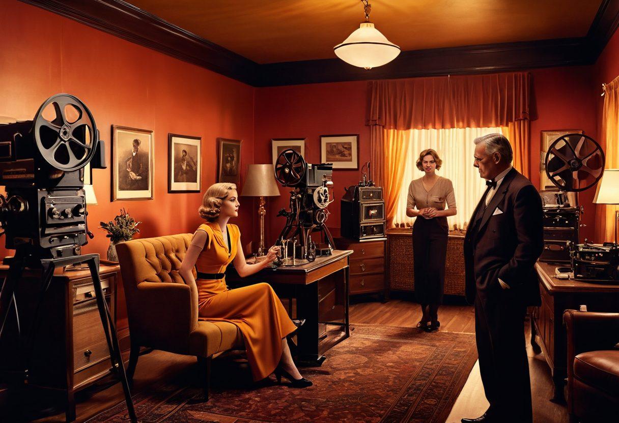 An artistic depiction of a film set, softly lit with warm hues, showcasing an elegant director and mature actors in a candid moment, surrounded by vintage film equipment and vibrant decor that evokes a sense of sensuality and intimacy. The background hints at classic film elements like reels and scripts, creating an engaging atmosphere. Emphasize a tasteful representation that captures the essence of mature adult filmography without explicit content. super-realistic. warm colors. vintage aesthetic.